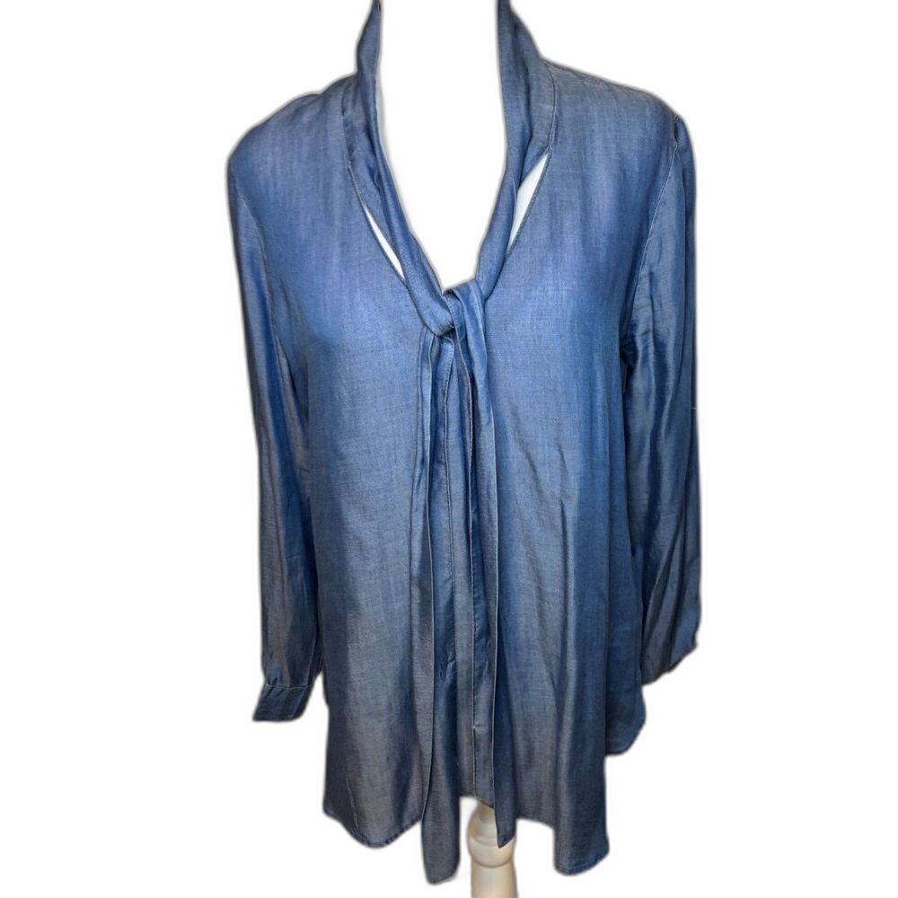 Maison Jules Womens Blue Denim Sailor Pullover Blouse Long Sleeve